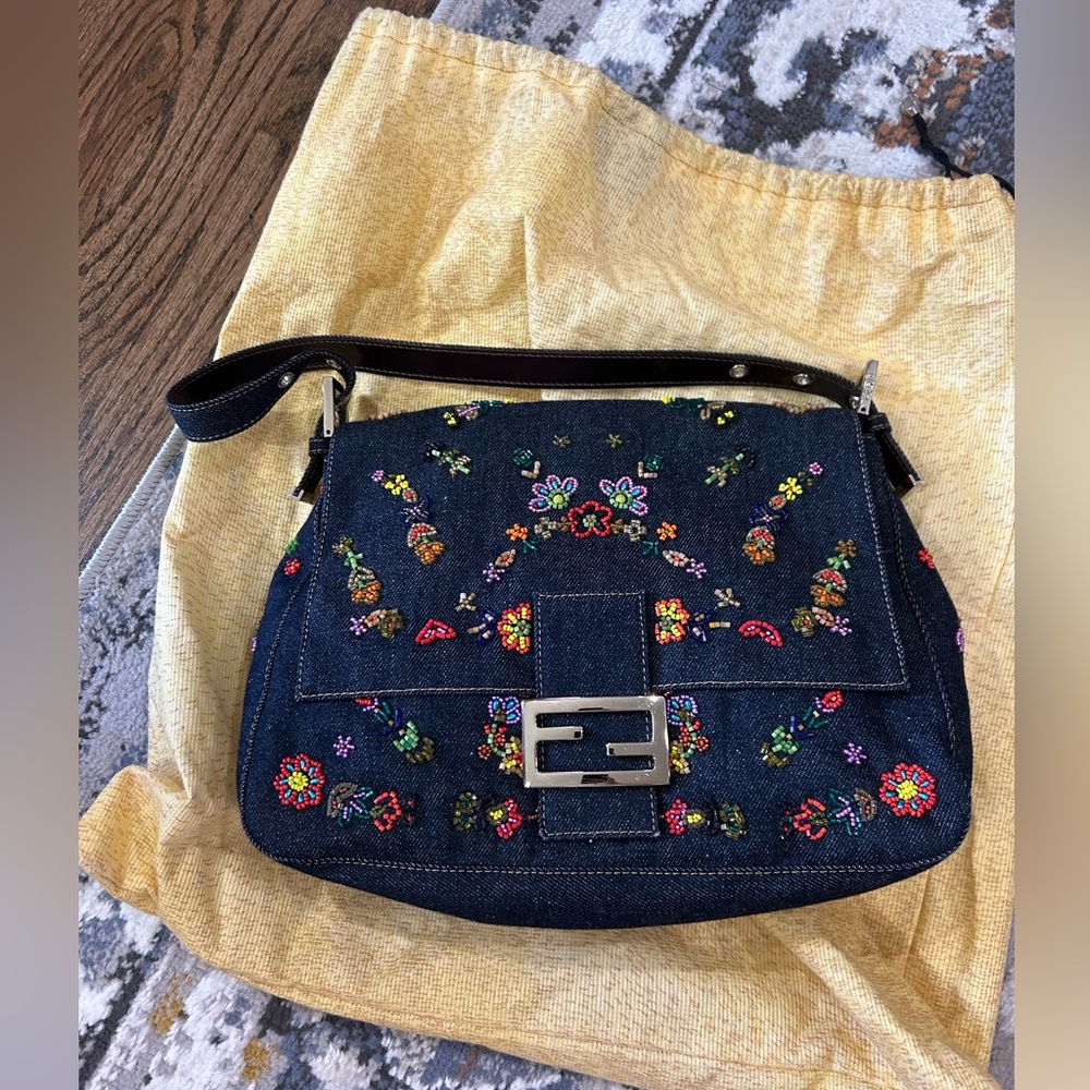 Fendi Navy Denim Shoulder Bag with Multicolor Floral Embroidery- FIRM PRICE